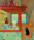 Vue d'une cuisine animée d'un chat noir by Jellal Ben Abdallah, Aquarelle et rehauts de gouache sur papier cartonné, sold Jun 2020