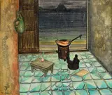 Nature morte au navet et aux poissons sur un poêle devant une fenêtre ouverte sur un volcan by Jellal Ben Abdallah, Aquarelle sur papier cartonné, encadrée sous verre, sold Jun 2020