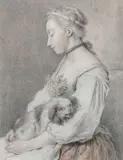 Jeune femme au petit chien by Charles Francois Hutin, 1767, Pierre noire et sanguine, sold Jun 2020