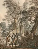 Dessinateurs découvrant les ruines antiques lors d'une promenade dans un parc by Charles Stanislas Leveille, Plume et encre noire, aquarelle, sold Jun 2020