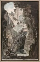 Vue d'un puits ou citerne creusé dans les laves de l'Etna à Catane by Louis Jean Desprez, Plume et encre noire, lavis gris, aquarelle, sold Jun 2020
