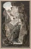 Vue d'un puits ou citerne creusé dans les laves de l'Etna à Catane by Louis Jean Desprez, Plume et encre noire, lavis gris, aquarelle, sold Jun 2020