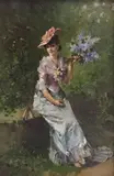 Jeune femme aux lilas by Raimundo de Madrazo y Garreta, Panneau, une planche, non parqueté, sold Jun 2020