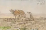 Les dromadaires labourant de champ au crépuscule by Gustave Achille Guillaumet, Pastel sur papier, sold Nov 2019