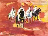 Quatre cavaliers sur fond rouge by Hassan El Glaoui, Gouache sur papier, sold Jun 2019