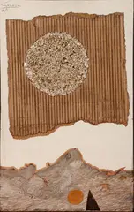 Post no bills by Antonio Guansé, 1982, Collage (bois, papier, étiquettes de boites de conserves) et technique mixte sur panneau t, sold Jun 2019