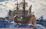 La Caravelle de Jacques Cartier, la Grande Ermine devant la côte Canadienne by Mathurin Méheut, Gouache, sold Apr 2008
