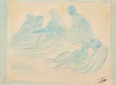 Baigneuses by André Derain, Aquarelle et crayon de couleur sur papier Avec le cachet 'ATELIER ANDRÉ DERAIN' en bas à d, sold Mar 2024
