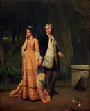 Couple de galants avec à droite des fleurs parsemées à terre by Auguste Serrure, 1872, Toile, sold Jun 2012