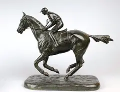 Le Jockey by Roger de Minvielle, Epreuve en bronze à patine verte signée sur la terrasse, sold Dec 2016