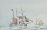Terra Nova, bateau croisant le navire hôpital saint-Yves by René Goulet, Aquarelle gouachée, sold Feb 2023