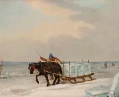 Cutting Ice on the River by Cornelius Krieghoff, oil on canvas on board, sold Nov 2018