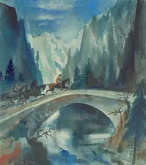 Romantische Gebirgslandschaft by Magnus Zeller, 1920, Aquarell auf hellblauem Bütten, sold Aug 2023