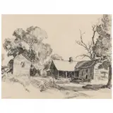 An Old Farmhouse by Sarah Blakeslee, Ink and watercolor wash on paper, sold Sep 2022