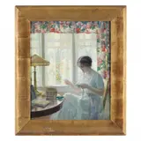 Woman Sewing by William J. Edmondson, Oil on canvas, sold Sep 2022