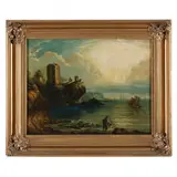 Fishing Cove with Tower House by J. West, Oil on panel, sold Aug 2022