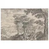 Good Samaritan Mountain Landscape with Christ Healing Bleeding Woman by Jan van Londerseel, Engraving on laid paper, sold Aug 2022