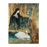 Lady In Garden with Swan and Cygnets by Stephen White, Oil with metallic paint and gold leaf on panel, sold Aug 2022