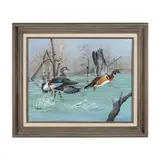 Wood Duck and Hen in Flight by Duane Raver Jr., Acrylic on panel, sold Aug 2022