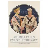 Vintage WWI Poster, "America Calls - Enlist in the Navy" (1917) by J. C. Leyendecker, Lithographic and offset lithographic poster in colors, sold Jul 2022