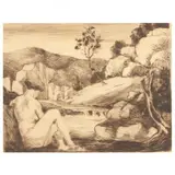 Untitled (Recumbent Nude in a Landscape) by Edmund Daniel Kinzinger, Etching in brown ink, sold Jul 2022