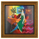 A Moment of Peace by Itzchak Tarkay, Acrylic on canvas, sold Jul 2022