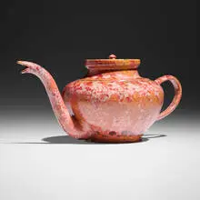 Exceptional teapot by George E. Ohr, 1895-1903, glazed earthenware, sold Jul 2025