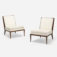 Slipper lounge chairs, pair by T. H. Robsjohn-Gibbings, c. 1955, bleached mahogany, upholstery, sold Jul 2022