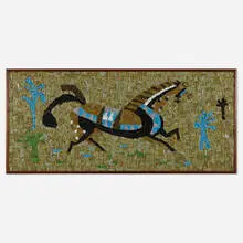 Gallant Horse mosaic by Evelyn and Jerome Ackerman, 1957, glass tile mosaic, spruce, sold Jul 2022