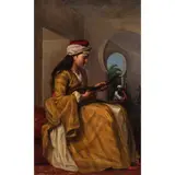 Orientalist Scene with Lady Playing Zither by Marie-Félix-Hippolyte Lucas, oil on canvas, sold Oct 2025