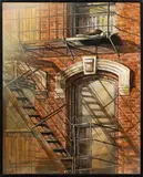 Fire Escape by Dick Dahlstrom, 2019, oil on board, sold Oct 2025