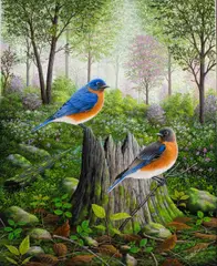Spring Bluebirds by Robert Wavra, 2016, acrylic on canvas, sold Oct 2025