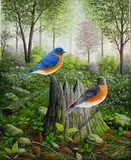 Spring Bluebirds by Robert Wavra, 2016, acrylic on canvas, sold Oct 2025