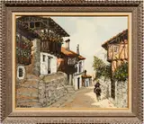 Village scene by X. Riveras, oil on canvas affixed to board, sold Oct 2025