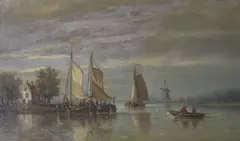 Sail barges on a canal by Hendrick Hulk, 1887, oil on canvas, sold Oct 2018