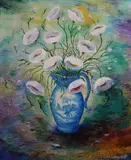 Still life of white poppies in a jug by William Earl Singer, oil on canvas, sold Oct 2018