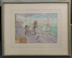 Seagulls and fishermen on the dock by Arthur Bradbury, watercolour, offered Oct 2018