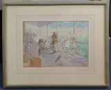 Seagulls and fishermen on the dock by Arthur Bradbury, watercolour, offered Oct 2018