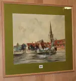 River landscape with houses and church by Ken J. Messer, watercolour and bodycolour, offered Oct 2018