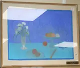 Still life of blue bowl with fruit by Bernard Myers, pastel, sold Oct 2018
