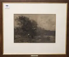 River scene by Frank Mura, charcoal, offered Oct 2018