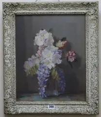 Still life of jar with Wisteria and Spring Blooms by Norah Helen Cullen, oil on canvas, sold Aug 2018