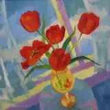 Still life of poppies in a glass by Kim Redpath, oil on canvas, sold Aug 2018