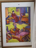 Interior scene with a seated woman and a cat by Anthony Hodge, oil on paper, sold Aug 2018