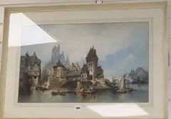 Continental townscape with river, 40.5cm x 63.5cm by Paul Marny, watercolour, sold Aug 2018