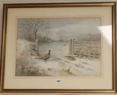 Pheasants in the snow, 38cm x 53.5cm by Roland Green, watercolour, sold Aug 2018
