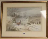 Pheasants in the snow, 38cm x 53.5cm by Roland Green, watercolour, sold Aug 2018