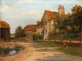 Farm bulding and a pond by Robert Morley, oil on canvas, sold Apr 2012