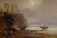 Deer by a loch by Clarence Roe, sold Mar 2012