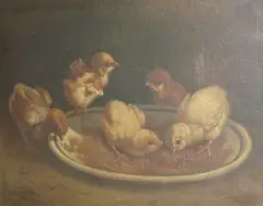 Chicks feeding by Italian School, indistinctly signed and dated 1872 oil on canvas, sold Mar 2012